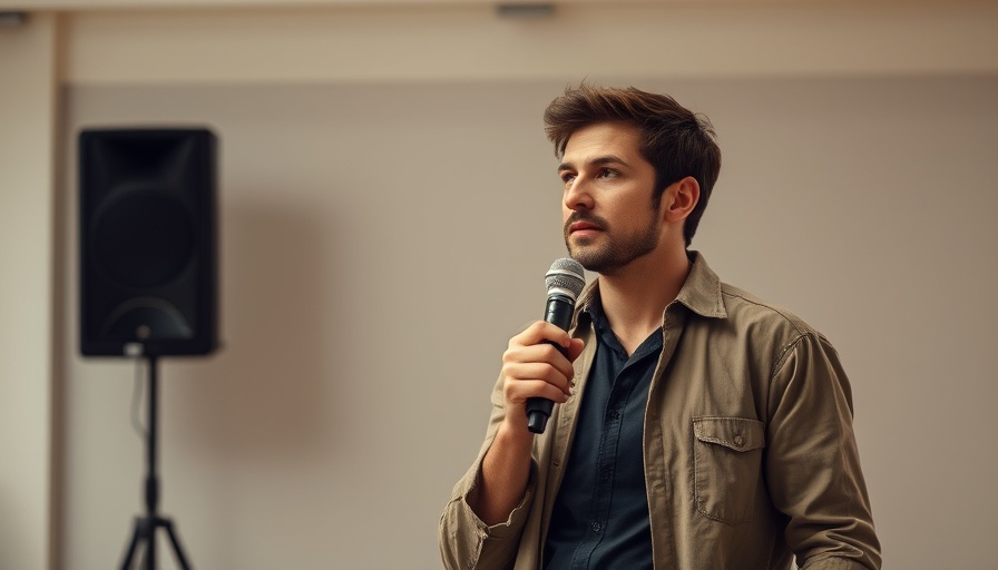 Casually dressed man with thoughtful expression speaking indoors.