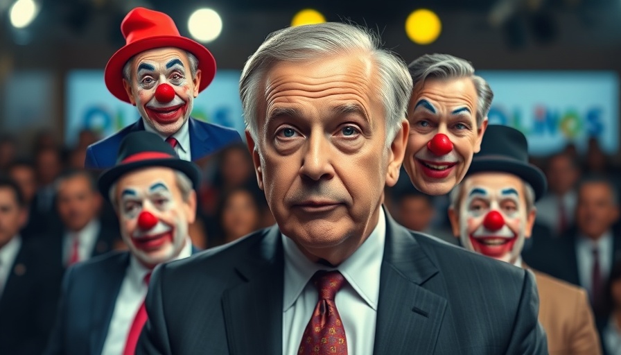 Political satire collage depicting man with clown nose, spotlight effect.