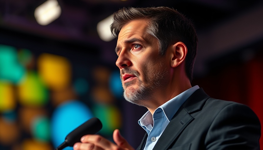 Man giving a focused speech in a vibrant studio.