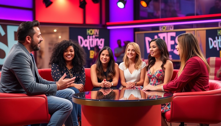 Dating show setup with host and guests, bright studio ambiance.