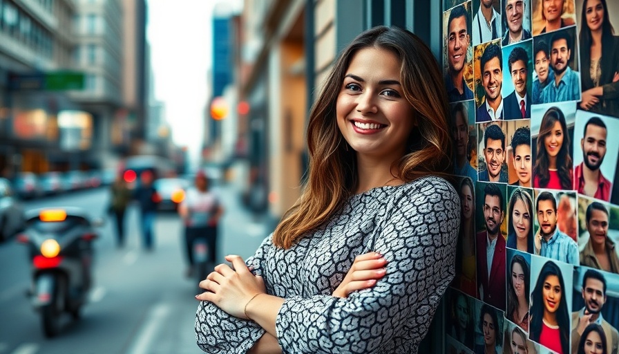 Confident young woman beside celebrity collage, cinematic backdrop.