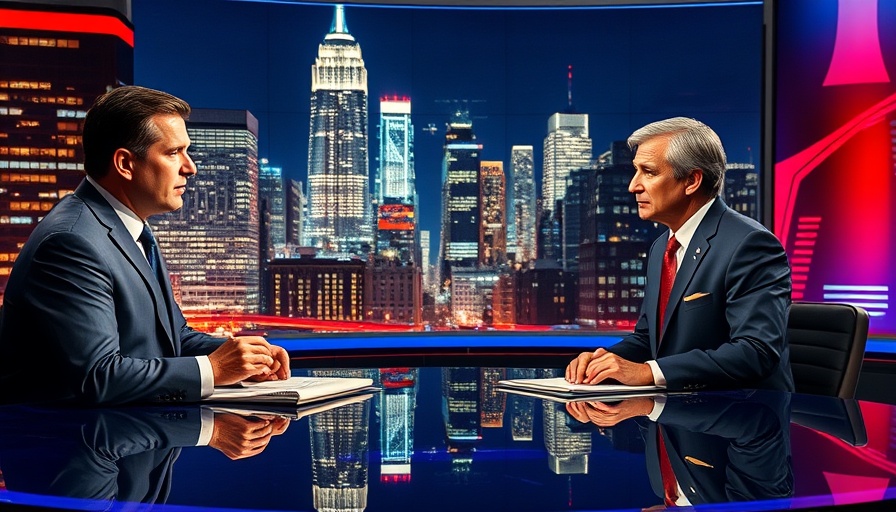 News broadcast discussing classified FBI leaks with two anchors.