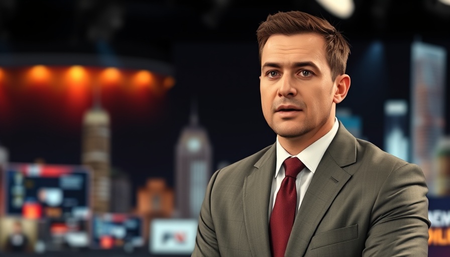 Serious male anchor delivers news in a studio setting.