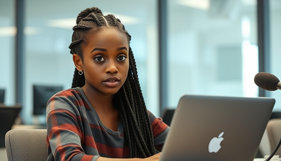 Woman at desk with laptop, inquisitive look, Macron Governance