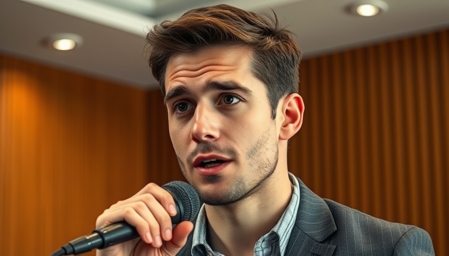 Young man in a suit discussing career with confident expression.