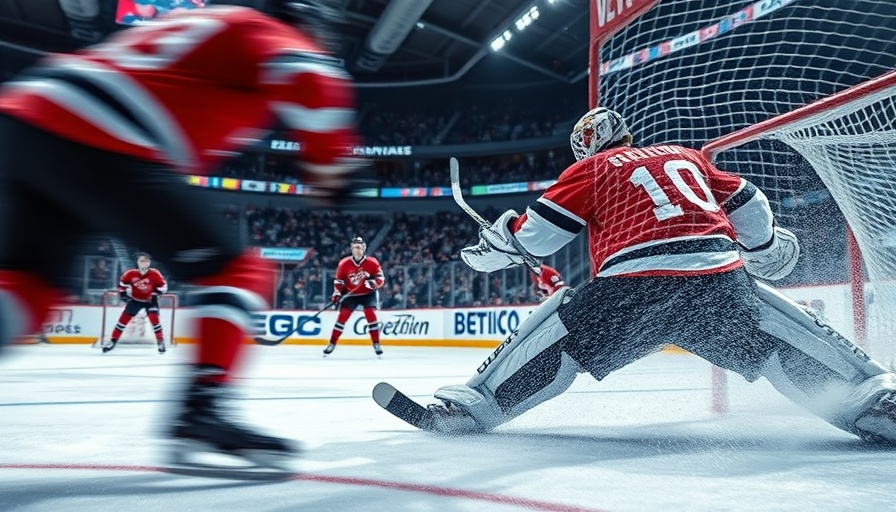 Hockey goalie blocking shot in intense game action