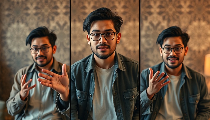 Person expressing emotions in three frames with decorative background.