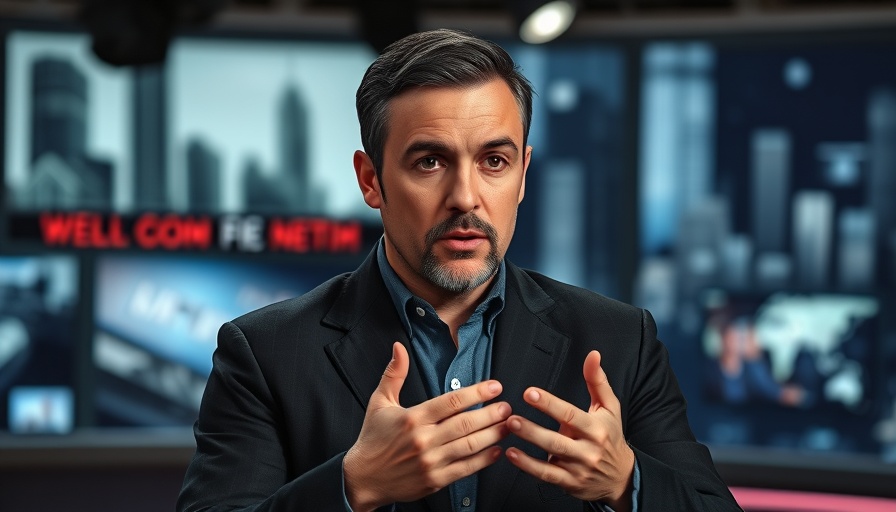 TV commentator discusses global issues, cinematic setting.