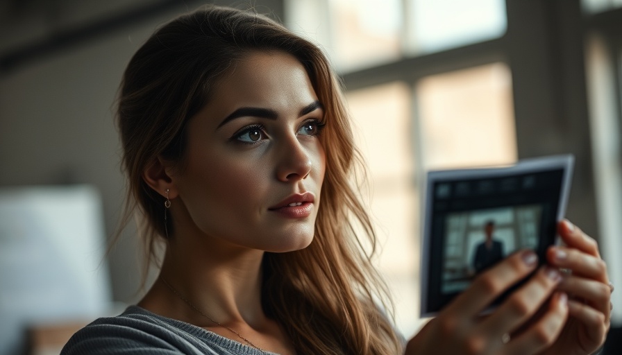 Woman analyzing images with a contemplative expression, indoor setting.