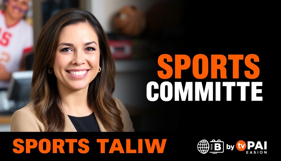 Promotional graphic with sports show updates and host portrait.