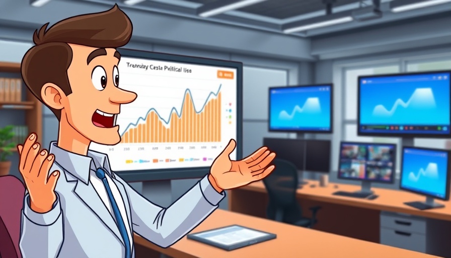Animated host discusses political graph with expressive gestures.