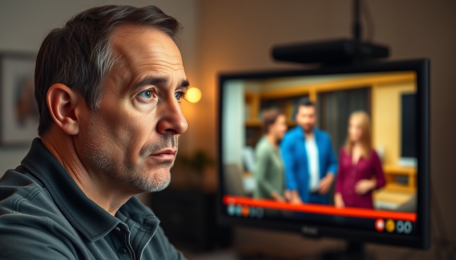 Serious man watching humorous failed takes in a studio setting.