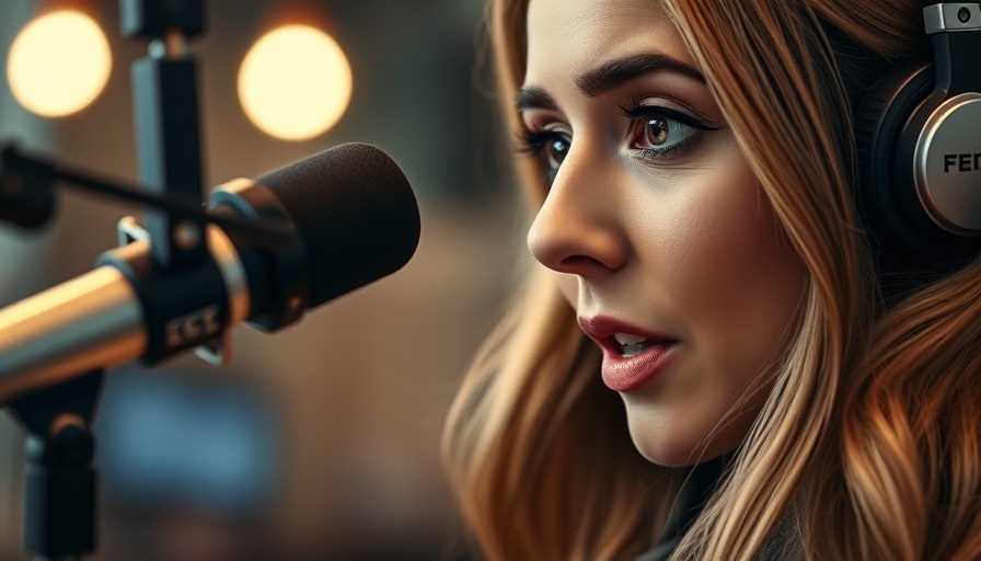 Woman speaking expressively into microphone during podcast, studio setting.