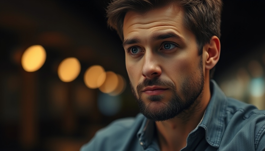 Man contemplating with text overlay, cinematic photo