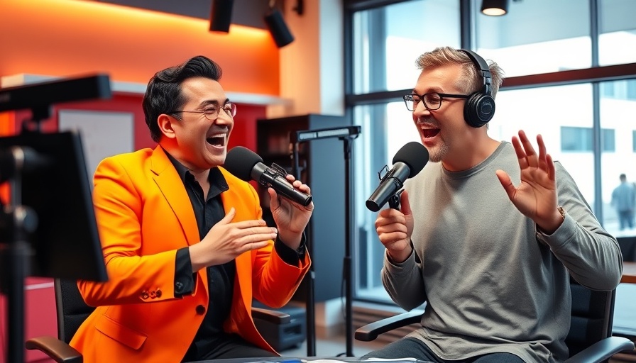 Podcast hosts in animated discussion in studio.