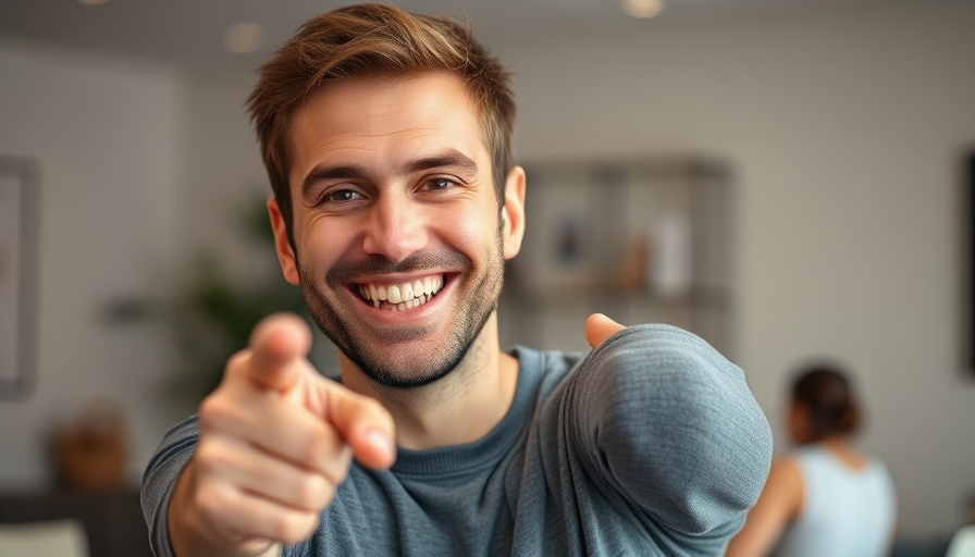 Man playfully pointing with a smile, AI sports betting.