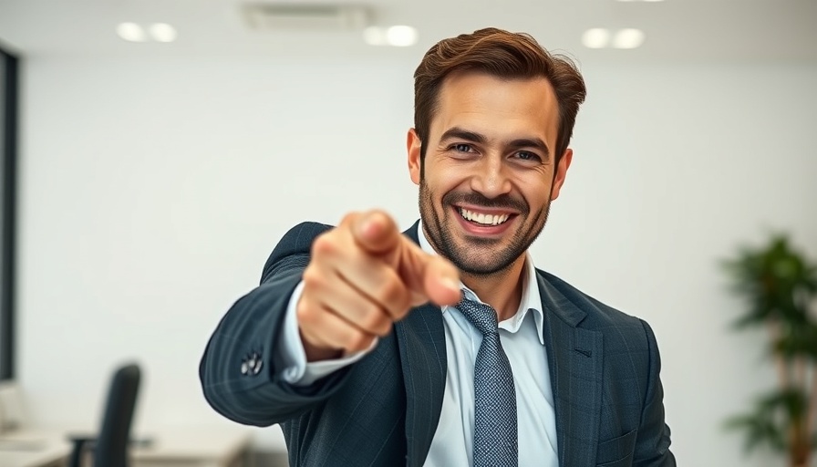 AI sports betting: Confident man pointing forward in office setting.