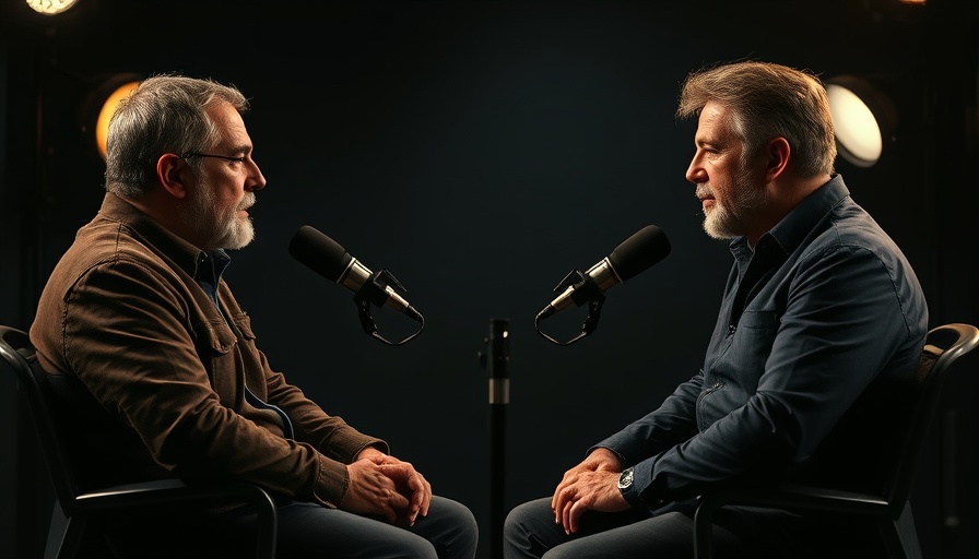 Two men discussing on a podcast set, contrasting dark background.