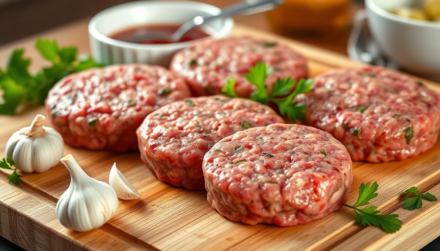 Raw burger patties on wooden board with garlic and parsley, avoiding touching raw meat.