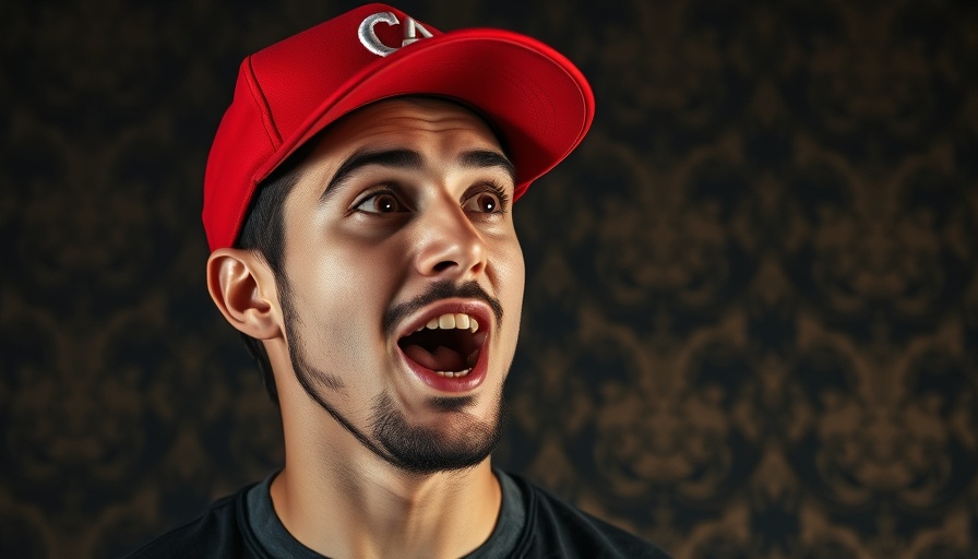 Engaged male speaker in a red cap, highlighted expression.
