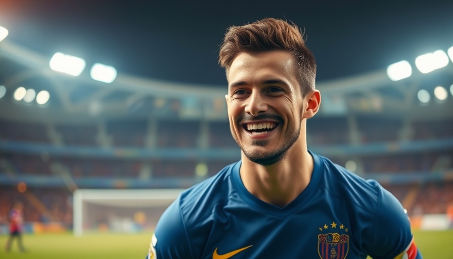 Energetic smiling soccer player during a match, AI sports betting.