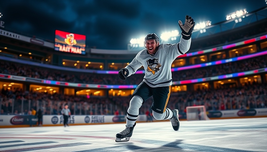 AI sports betting dynamic hockey celebration with rink and scoreboard.