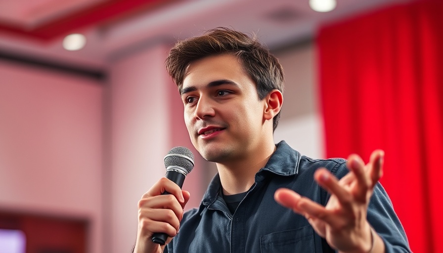 Young man speaking on stage during presidency election event America.