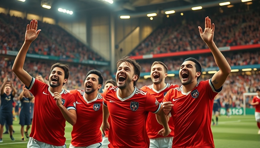 Soccer players celebrate a goal in a vibrant stadium for AI sports betting.