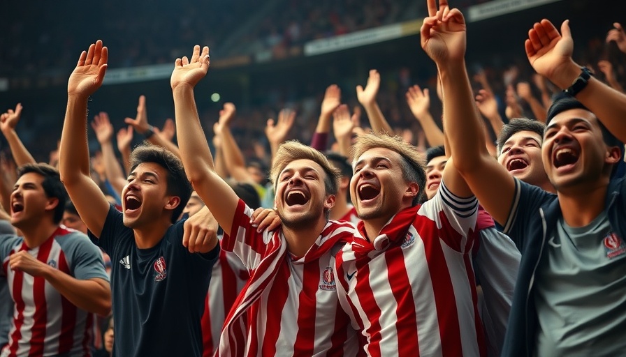 College sports fans celebrating energetically in a crowded stadium.