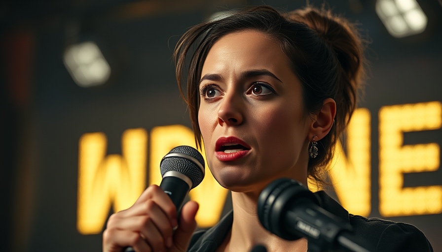 Woman in studio discussing politics as theater, focused expression.