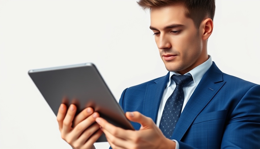 Young man in a suit using a tablet related to AI sports betting.