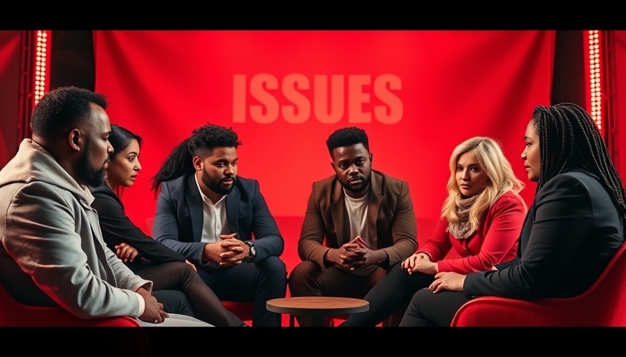 Media panel discussion on social issues with bold graphics and serious expressions.