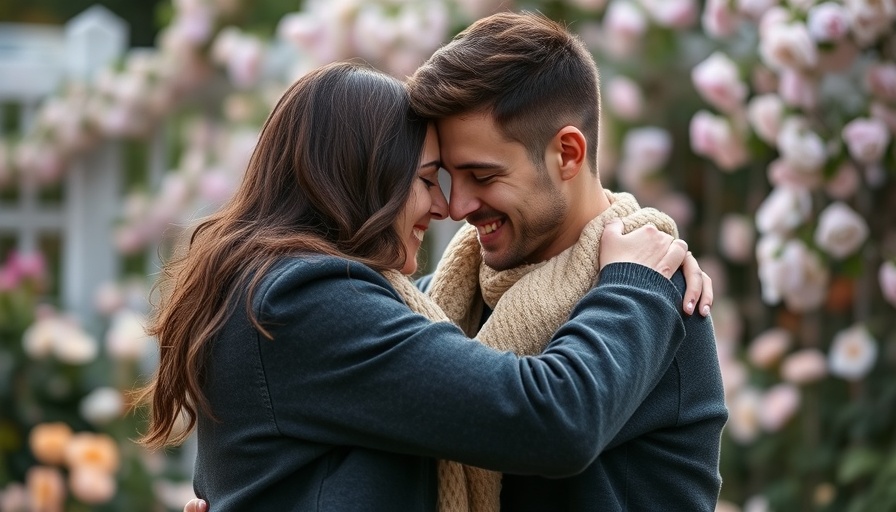 Tender couple embrace in serene garden, heartfelt moment.