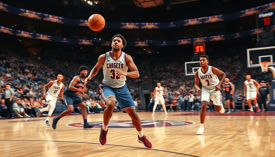 Dynamic basketball game scene with players, AI sports betting