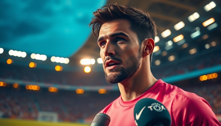 Famous soccer player in an interview at a lively stadium event.