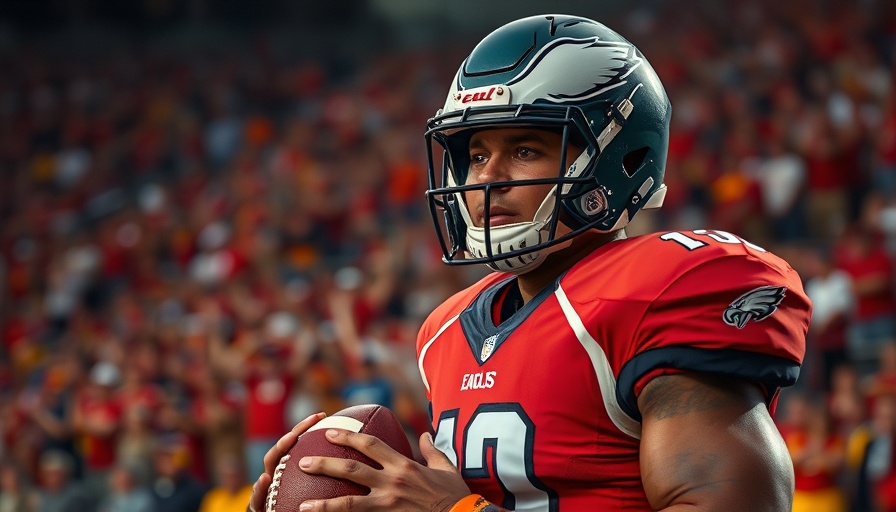 Football player in Eagle's uniform, focused expression, holding football.