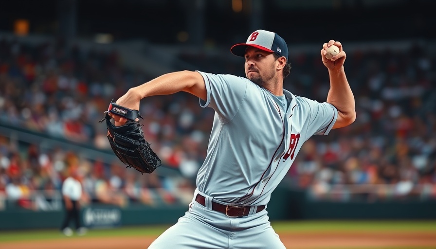 AI sports betting concept with a dynamic baseball pitcher in action.
