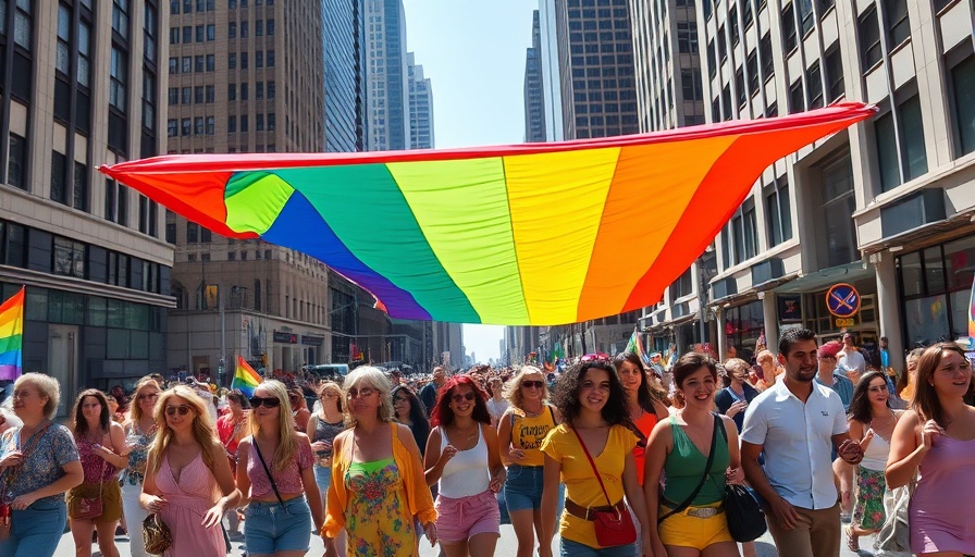 Atlanta Black Pride parade under rainbow flag, lively celebration.