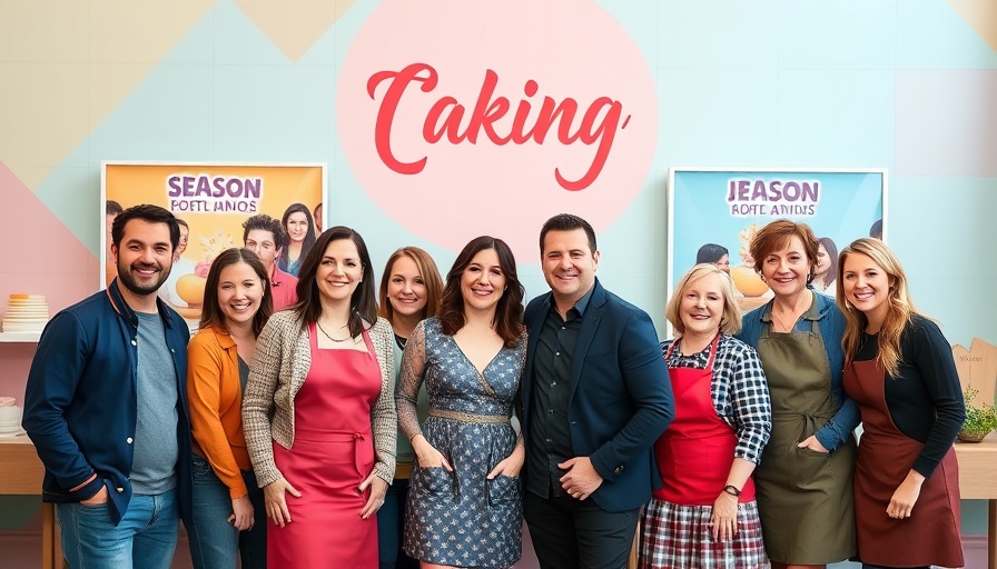 TV hosts with The Great British Baking Show season posters, cheerful poses.