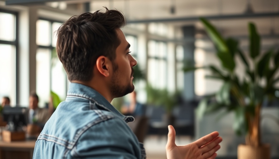 Engaged individual discussing, modern office backdrop.
