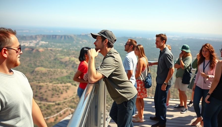 Group on viewpoint enjoying view under clear sky