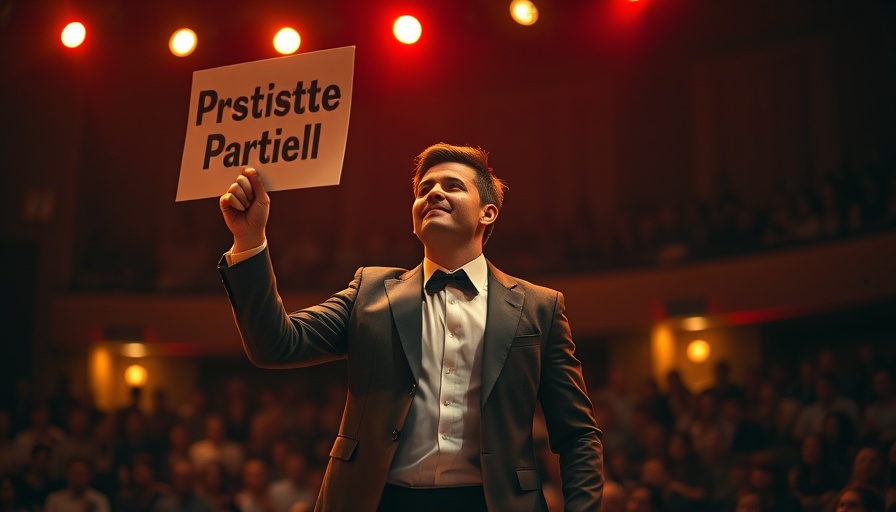 Performer protests with sign during expressive stage act.