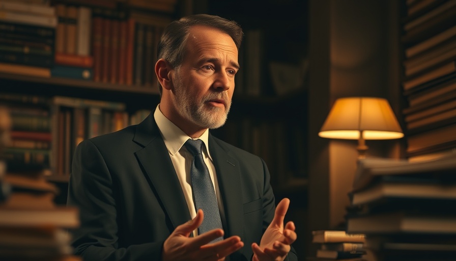 Thoughtful speaker discussing geopolitics, ambient library lighting