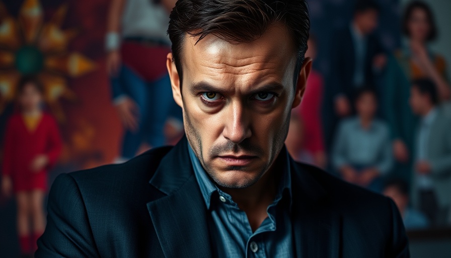 Serious man in a suit with intense expression, studio setting.