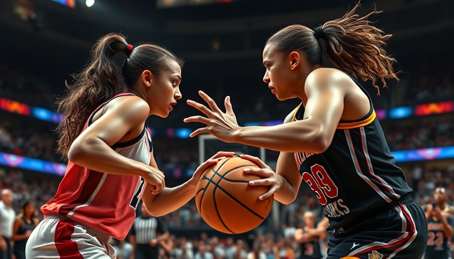 Intense basketball game scene in vibrant arena lighting.