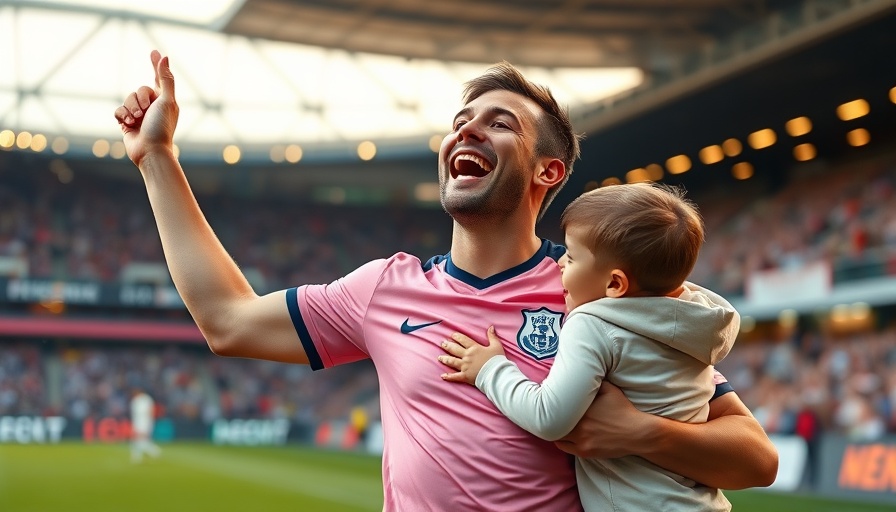 Messi in pink jersey celebrates game-winner embracing child in stadium.