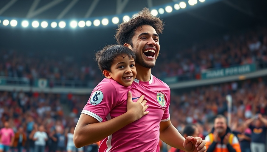 AI sports betting concept with energetic soccer player embracing child in vibrant stadium lighting.