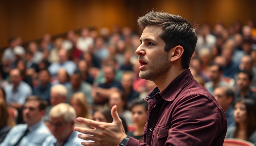 Monogamy benefits discussed by young man in auditorium