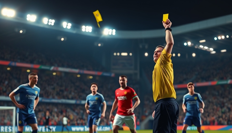 AI sports betting scene during soccer match with referee showing yellow card