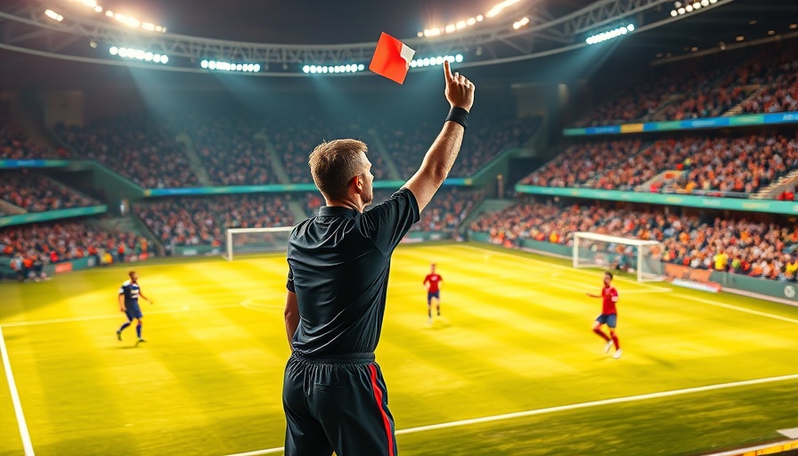 Referee showing card during an intense soccer match. AI sports betting.